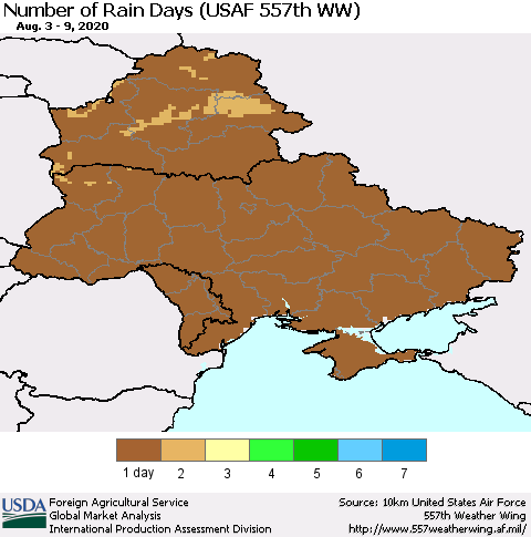 Ukraine, Moldova and Belarus Number of Rain Days (USAF 557th WW) Thematic Map For 8/3/2020 - 8/9/2020