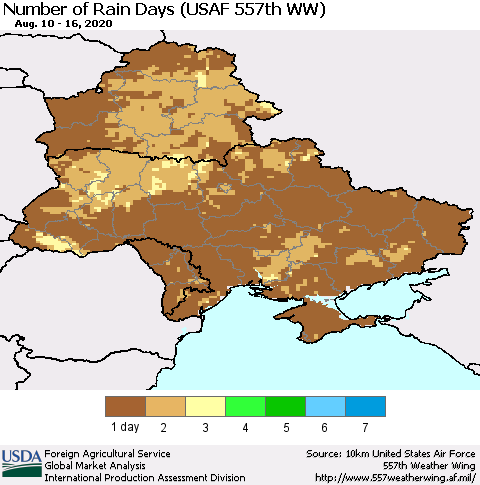 Ukraine, Moldova and Belarus Number of Rain Days (USAF 557th WW) Thematic Map For 8/10/2020 - 8/16/2020