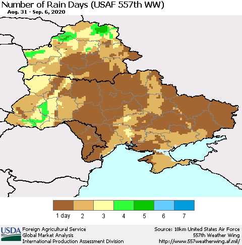 Ukraine, Moldova and Belarus Number of Rain Days (USAF 557th WW) Thematic Map For 8/31/2020 - 9/6/2020