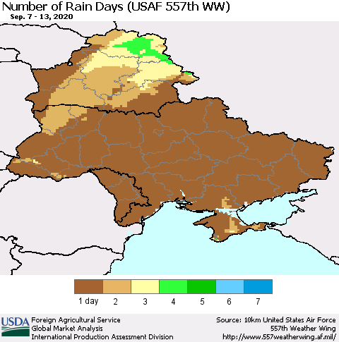 Ukraine, Moldova and Belarus Number of Rain Days (USAF 557th WW) Thematic Map For 9/7/2020 - 9/13/2020