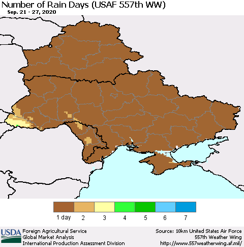 Ukraine, Moldova and Belarus Number of Rain Days (USAF 557th WW) Thematic Map For 9/21/2020 - 9/27/2020