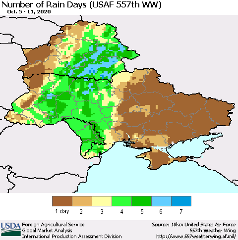 Ukraine, Moldova and Belarus Number of Rain Days (USAF 557th WW) Thematic Map For 10/5/2020 - 10/11/2020