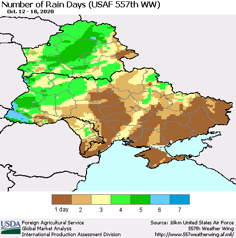 Ukraine, Moldova and Belarus Number of Rain Days (USAF 557th WW) Thematic Map For 10/12/2020 - 10/18/2020