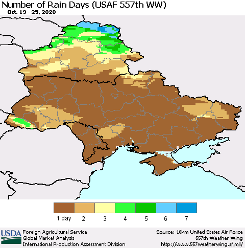 Ukraine, Moldova and Belarus Number of Rain Days (USAF 557th WW) Thematic Map For 10/19/2020 - 10/25/2020