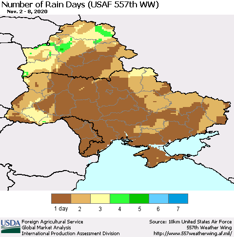 Ukraine, Moldova and Belarus Number of Rain Days (USAF 557th WW) Thematic Map For 11/2/2020 - 11/8/2020