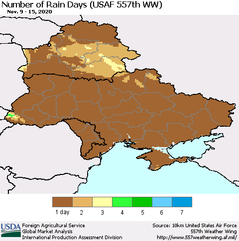 Ukraine, Moldova and Belarus Number of Rain Days (USAF 557th WW) Thematic Map For 11/9/2020 - 11/15/2020