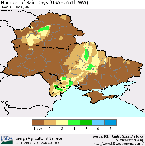 Ukraine, Moldova and Belarus Number of Rain Days (USAF 557th WW) Thematic Map For 11/30/2020 - 12/6/2020
