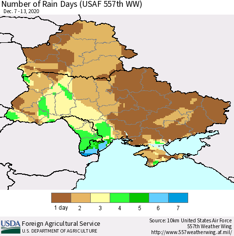 Ukraine, Moldova and Belarus Number of Rain Days (USAF 557th WW) Thematic Map For 12/7/2020 - 12/13/2020