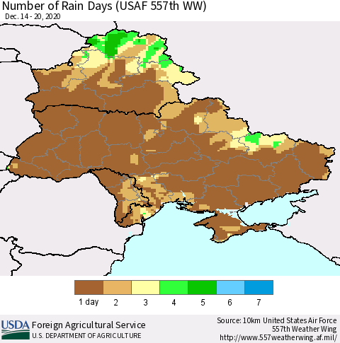 Ukraine, Moldova and Belarus Number of Rain Days (USAF 557th WW) Thematic Map For 12/14/2020 - 12/20/2020