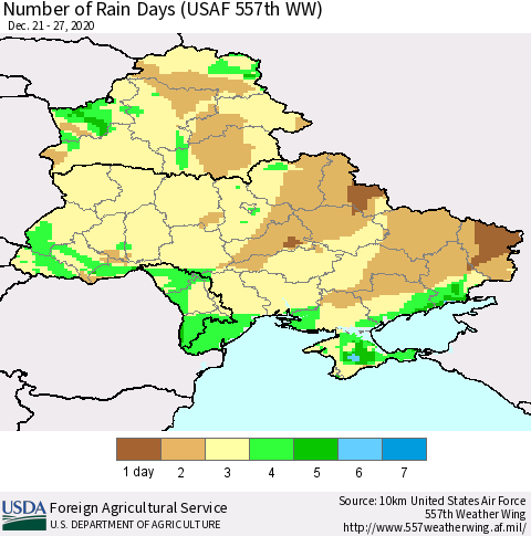 Ukraine, Moldova and Belarus Number of Rain Days (USAF 557th WW) Thematic Map For 12/21/2020 - 12/27/2020