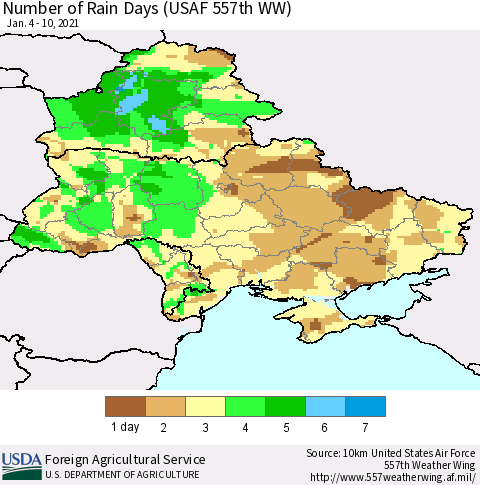 Ukraine, Moldova and Belarus Number of Rain Days (USAF 557th WW) Thematic Map For 1/4/2021 - 1/10/2021