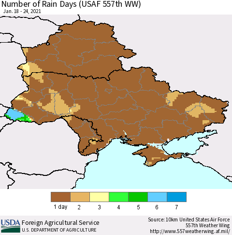 Ukraine, Moldova and Belarus Number of Rain Days (USAF 557th WW) Thematic Map For 1/18/2021 - 1/24/2021
