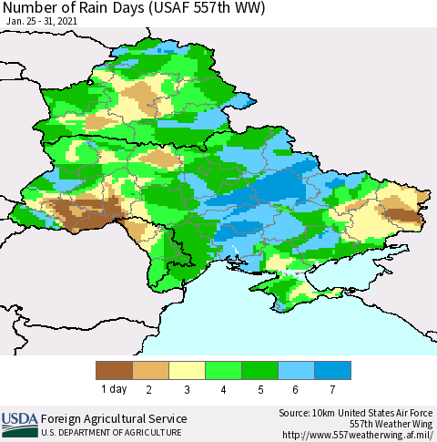 Ukraine, Moldova and Belarus Number of Rain Days (USAF 557th WW) Thematic Map For 1/25/2021 - 1/31/2021
