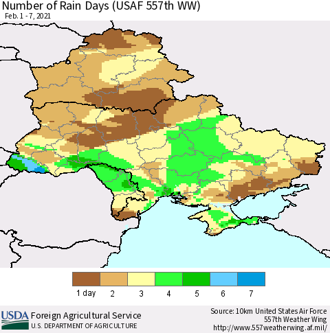 Ukraine, Moldova and Belarus Number of Rain Days (USAF 557th WW) Thematic Map For 2/1/2021 - 2/7/2021