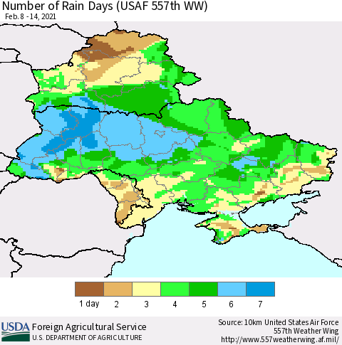Ukraine, Moldova and Belarus Number of Rain Days (USAF 557th WW) Thematic Map For 2/8/2021 - 2/14/2021
