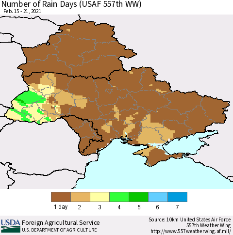 Ukraine, Moldova and Belarus Number of Rain Days (USAF 557th WW) Thematic Map For 2/15/2021 - 2/21/2021