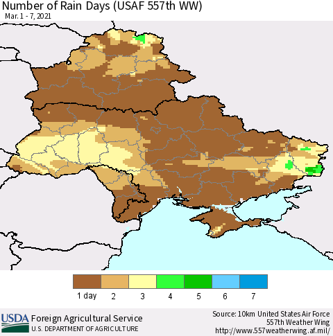 Ukraine, Moldova and Belarus Number of Rain Days (USAF 557th WW) Thematic Map For 3/1/2021 - 3/7/2021