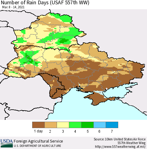 Ukraine, Moldova and Belarus Number of Rain Days (USAF 557th WW) Thematic Map For 3/8/2021 - 3/14/2021