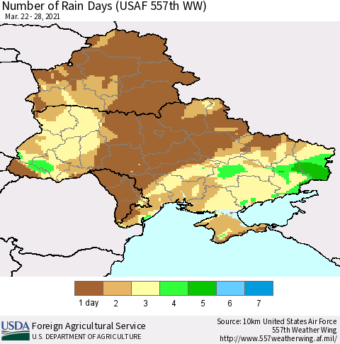 Ukraine, Moldova and Belarus Number of Rain Days (USAF 557th WW) Thematic Map For 3/22/2021 - 3/28/2021