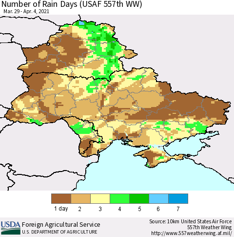 Ukraine, Moldova and Belarus Number of Rain Days (USAF 557th WW) Thematic Map For 3/29/2021 - 4/4/2021