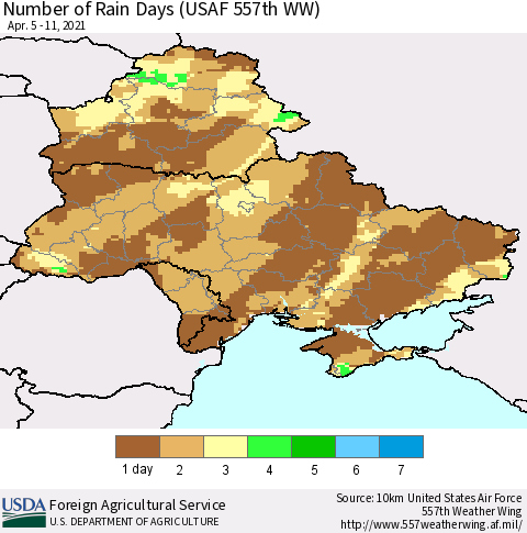 Ukraine, Moldova and Belarus Number of Rain Days (USAF 557th WW) Thematic Map For 4/5/2021 - 4/11/2021