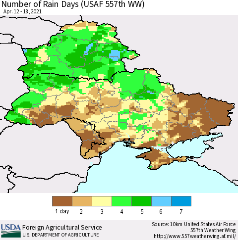 Ukraine, Moldova and Belarus Number of Rain Days (USAF 557th WW) Thematic Map For 4/12/2021 - 4/18/2021