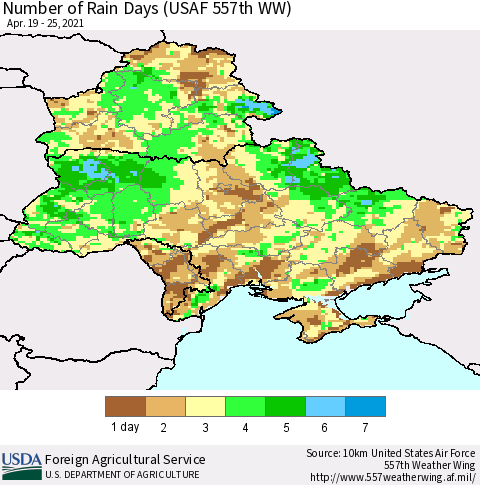 Ukraine, Moldova and Belarus Number of Rain Days (USAF 557th WW) Thematic Map For 4/19/2021 - 4/25/2021