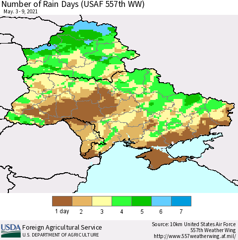 Ukraine, Moldova and Belarus Number of Rain Days (USAF 557th WW) Thematic Map For 5/3/2021 - 5/9/2021