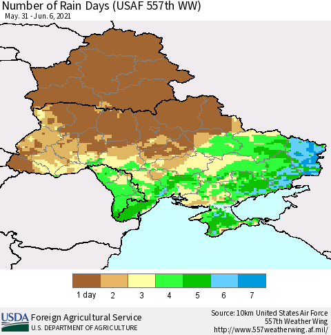 Ukraine, Moldova and Belarus Number of Rain Days (USAF 557th WW) Thematic Map For 5/31/2021 - 6/6/2021