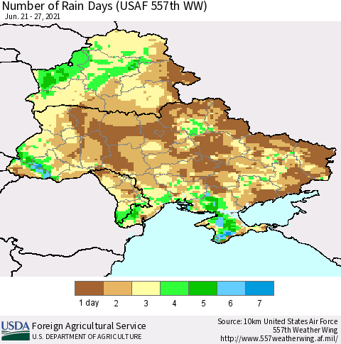 Ukraine, Moldova and Belarus Number of Rain Days (USAF 557th WW) Thematic Map For 6/21/2021 - 6/27/2021