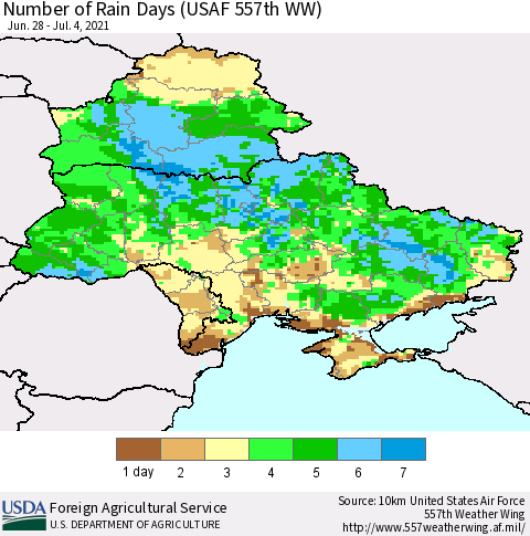 Ukraine, Moldova and Belarus Number of Rain Days (USAF 557th WW) Thematic Map For 6/28/2021 - 7/4/2021