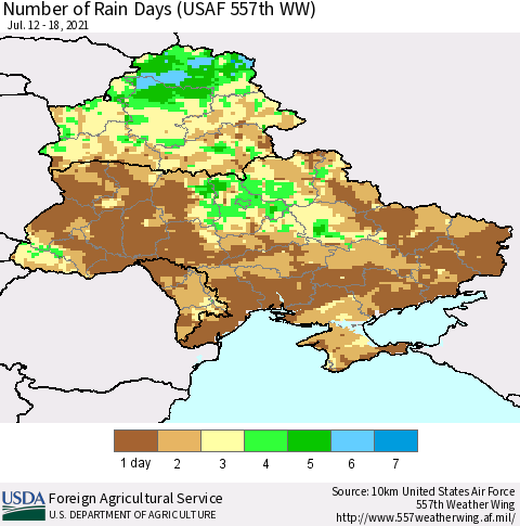 Ukraine, Moldova and Belarus Number of Rain Days (USAF 557th WW) Thematic Map For 7/12/2021 - 7/18/2021