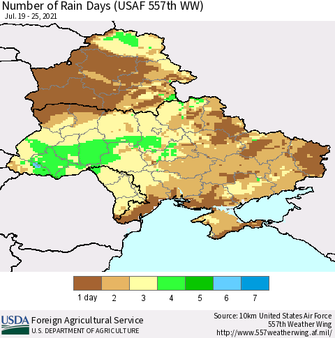 Ukraine, Moldova and Belarus Number of Rain Days (USAF 557th WW) Thematic Map For 7/19/2021 - 7/25/2021