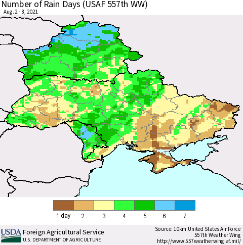 Ukraine, Moldova and Belarus Number of Rain Days (USAF 557th WW) Thematic Map For 8/2/2021 - 8/8/2021