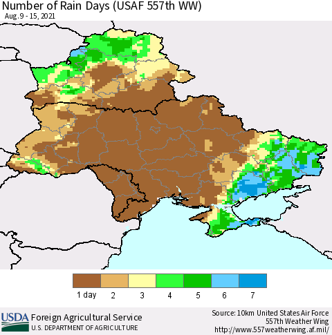 Ukraine, Moldova and Belarus Number of Rain Days (USAF 557th WW) Thematic Map For 8/9/2021 - 8/15/2021