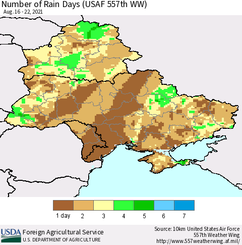 Ukraine, Moldova and Belarus Number of Rain Days (USAF 557th WW) Thematic Map For 8/16/2021 - 8/22/2021