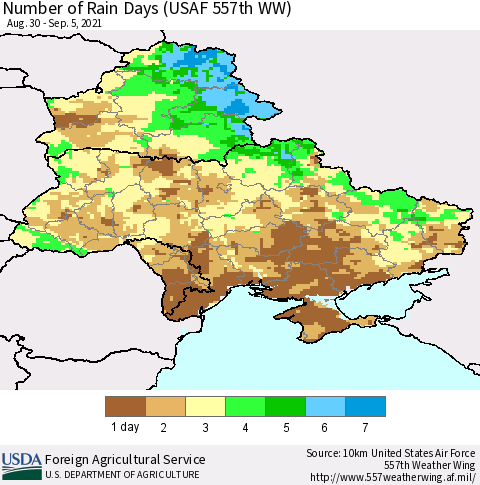 Ukraine, Moldova and Belarus Number of Rain Days (USAF 557th WW) Thematic Map For 8/30/2021 - 9/5/2021