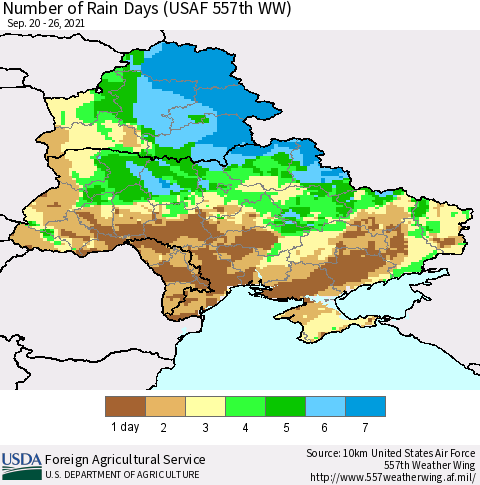 Ukraine, Moldova and Belarus Number of Rain Days (USAF 557th WW) Thematic Map For 9/20/2021 - 9/26/2021