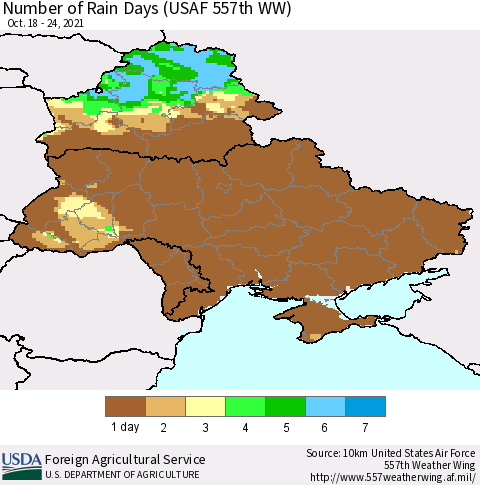 Ukraine, Moldova and Belarus Number of Rain Days (USAF 557th WW) Thematic Map For 10/18/2021 - 10/24/2021