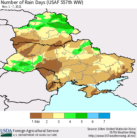 Ukraine, Moldova and Belarus Number of Rain Days (USAF 557th WW) Thematic Map For 11/1/2021 - 11/7/2021