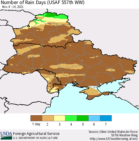 Ukraine, Moldova and Belarus Number of Rain Days (USAF 557th WW) Thematic Map For 11/8/2021 - 11/14/2021
