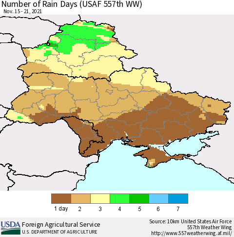 Ukraine, Moldova and Belarus Number of Rain Days (USAF 557th WW) Thematic Map For 11/15/2021 - 11/21/2021