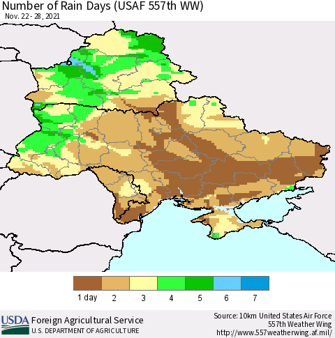 Ukraine, Moldova and Belarus Number of Rain Days (USAF 557th WW) Thematic Map For 11/22/2021 - 11/28/2021