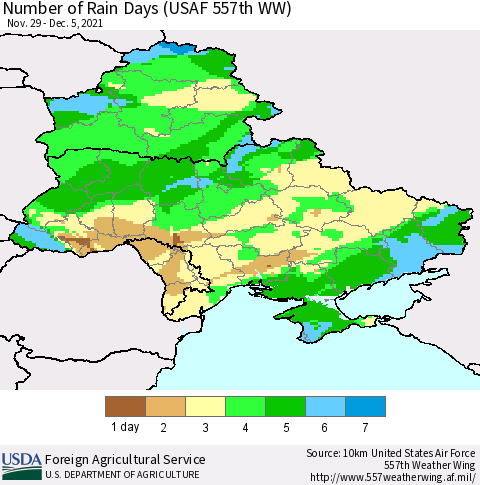 Ukraine, Moldova and Belarus Number of Rain Days (USAF 557th WW) Thematic Map For 11/29/2021 - 12/5/2021