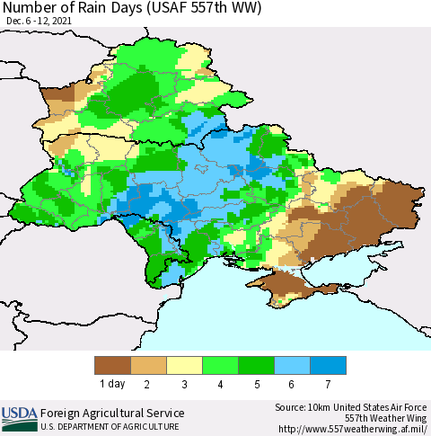 Ukraine, Moldova and Belarus Number of Rain Days (USAF 557th WW) Thematic Map For 12/6/2021 - 12/12/2021