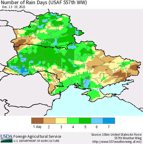 Ukraine, Moldova and Belarus Number of Rain Days (USAF 557th WW) Thematic Map For 12/13/2021 - 12/19/2021