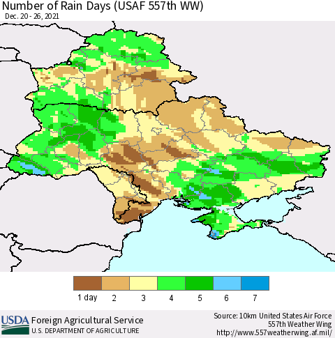 Ukraine, Moldova and Belarus Number of Rain Days (USAF 557th WW) Thematic Map For 12/20/2021 - 12/26/2021