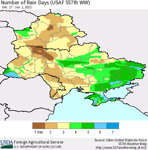Ukraine, Moldova and Belarus Number of Rain Days (USAF 557th WW) Thematic Map For 12/27/2021 - 1/2/2022