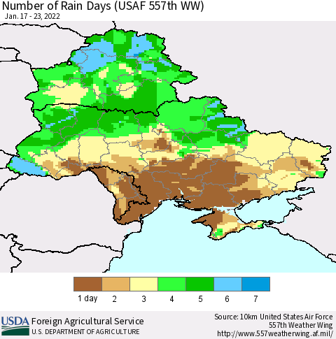 Ukraine, Moldova and Belarus Number of Rain Days (USAF 557th WW) Thematic Map For 1/17/2022 - 1/23/2022