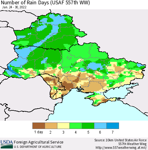 Ukraine, Moldova and Belarus Number of Rain Days (USAF 557th WW) Thematic Map For 1/24/2022 - 1/30/2022